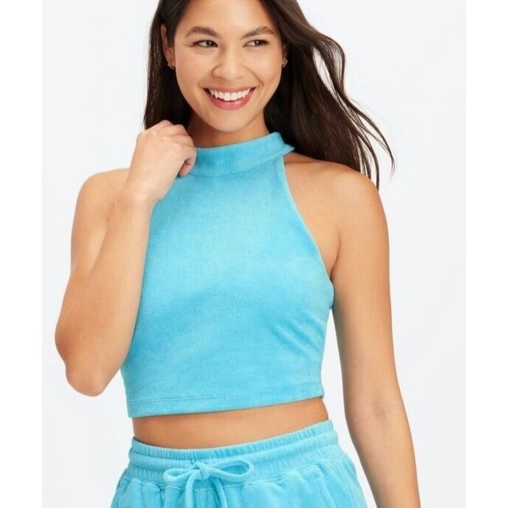 Fabletics Top Womens XL Teal Terry Built-In Bra Tank Top Cropped Racerback NEW